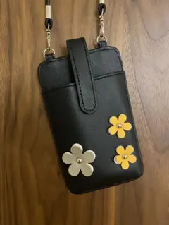 ブラック スマホショルダーバッグ 花デザイン