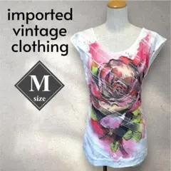 【輸入古着】バラプリント 半袖Tシャツ M インク染め 一点物 ロック ローズ