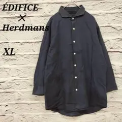 ÉDIFICE×Herdmans✩XL襟付き長袖フル釦シャツ リネンコットン 紺