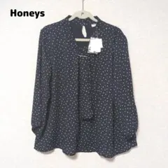 【新品】ハニーズ　ボウタイ風ブラウス　七分袖　ドット　ネイビー