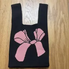 リボン柄 ニットバッグ ブラック ピンク