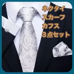 ネクタイ チーフ カフス 3点セット シルバー ペイズリー柄 メンズ フォーマルのサムネイル