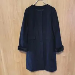 【ケティ】ノーカラーロングコート　袖ファー ポケット オフィス　入学式　卒業式