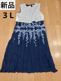 新品アナトリエ　プリーツ　ノースリーブ ロングワンピース 花柄 ネイビー　3 Lのサムネイル
