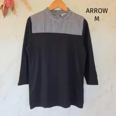 アロー ARROW ブラウス M 七分袖 ギンガムチェック 黒×白 チビフリル