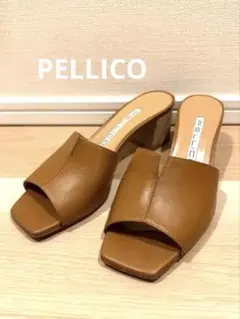 美品PELLICO ブラウン レザー オープントゥミュールVカット太ヒールのサムネイル