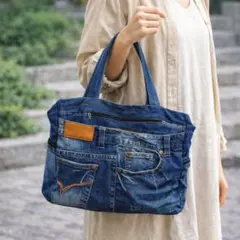 デニムリメイク トートバッグ 大容量 一点物 古着風 ヴィンテージ