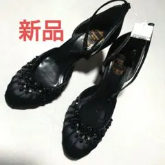 新品●ビーズ装飾 ブラックサテン ハイヒール