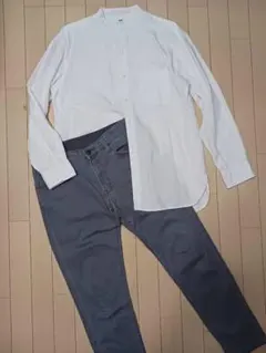 ユニクロ ホワイトスタンドカラーシャツ Lサイズ・グレーパンツ M サイズ
