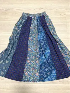 インド綿 パッチワーク風 ロングスカート エスニック 花柄 和柄 M~L ブルー