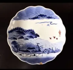 直径32.5cm ビンテージ　大皿　盛り鉢　藍色　金継ぎ　時代物　骨董品