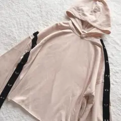 ZARA サイドベロアライン パーカー シルバー金具 フーディ ピンクベージュ