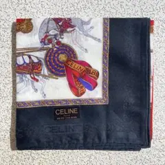 セリーヌ　大判ハンカチ　馬車　マカダム　レッド×ブラック系　約55cm