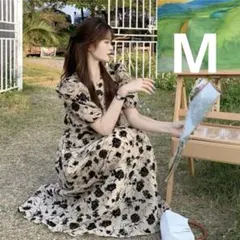 花柄ロングワンピース　総柄　韓国　ガーリー パフスリーブ　春夏