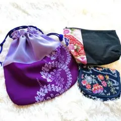 【京都・和雑貨】リバーシブル巾着＆和柄ポーチ3点セット 和装小物