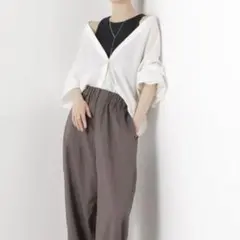 新品未使用/長袖/マシンウォッシャブルリネン混 ボリュームスリーブシャツ/白のサムネイル