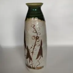 織部焼酒器、花器、一輪挿し他植物模様の陶器瓶高さ19cm×7cm口径4cm