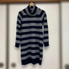ネイビーグレー ストライプ タートルネックニット