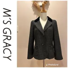 M'S GRACY テーラードジャケット グレー ベルベット襟でエレガント