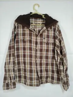 フード付き チェック柄 ネルシャツ ブラウン系 レイヤード風