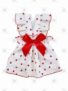 犬服 フリル＆リボン付き 赤いハート模様 ワンピース Мサイズ