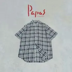 PAPAS　パパス　リネン100%　半袖シャツ　チェック　Mサイズ　日本製のサムネイル
