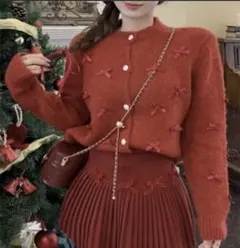 リボンモチーフニットカーディガン　レッド