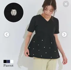 Pierrot ドット刺繍 ペプラム 半袖Tシャツ ブラックのサムネイル