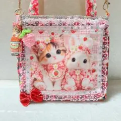 パネル猫ちゃん&うさぎさん２wayバッグ　いちご・カップケーキ・ハート柄チェック