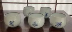 有田焼　文山窯　花模様染付、蛍手透彫　湯呑み 5客セット 和食器 茶器　美品