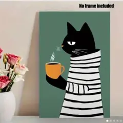 アートポスター　ボーダー猫とコーヒー　キャンバスアート　　ウォールアート