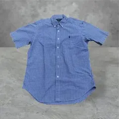 【海外購入】ラルフローレン リネン ストライプ半袖シャツ ブルー 紺ポニー刺繍