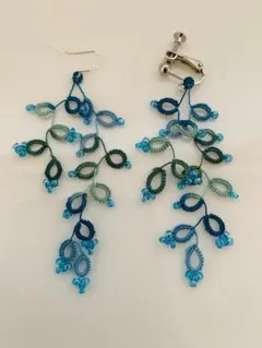 ✿ 雫・Drop（無料）ピアス⇔イヤリング♡タティングレース／ブルー・グリーン