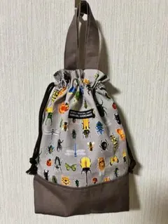 ハンドメイド上履き入れ巾着袋昆虫柄茶系