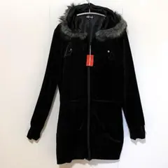 COMME CA WALK フードコートアウターベロア調　ブラックコムサウォーク