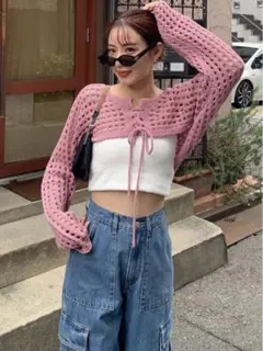 GRL グレイル メッシュ編みニットレースアップショート丈ボレロ
