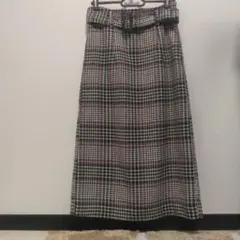チェック柄膝下スカート ベルト付き