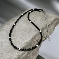 4mm カットオニキス ハウライト9石 天然石 ネックレス 45cm＋10cm