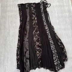 パッチワーク風 プリーツロングスカート ブラウン系 ウエストゴム