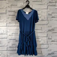 新品 レース襟 リボンベルト付き ワンピース ドレス ネイビー Mサイズ