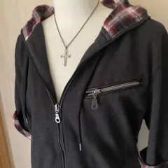 お兄系 Y2K チェック切替 ギミック ジップパーカー 黒 L 00sアーカイブ