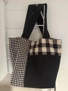ブラック チェック パッチワーク トートバッグ