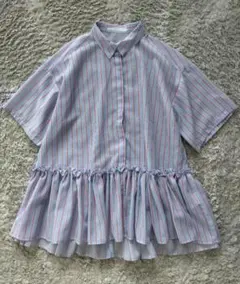 ミズイロインド ストライプワイドギャザーシャツ ブルー 美品 - メルカリ