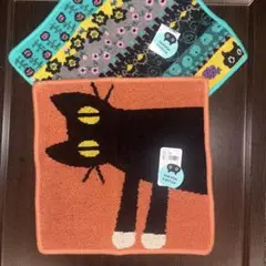 新品タグ付、マタノアツコ、シェニール織、グリーン、オレンジ猫タオルハンカチセット