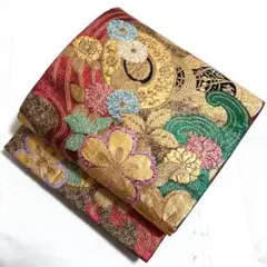 A5◆着物くつろぎ 鼓に花模様 金糸 キラキラ 六通 正絹 フォーマルな袋帯