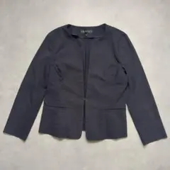 インディヴィ 日本製 ノーカラージャケット コットンリネン混 通勤【S】