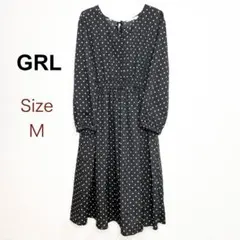 GRL ドット柄ワンピース　Mサイズ　ミモレ丈　フレア　ウエストゴム　ブラック
