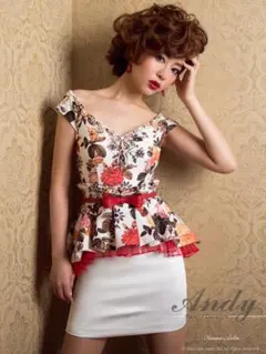 Andyアンディ③キャバドレスミニワンピースS 赤レッド花柄オフショル