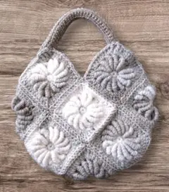【ハンドメイド花モチーフバック】丸い可愛いコイル編み 内布付きグレー