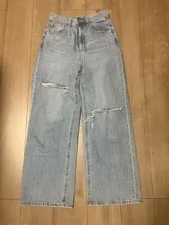 訳アリ　GU ダメージ加工ライトブルーワイドレッグデニムパンツ